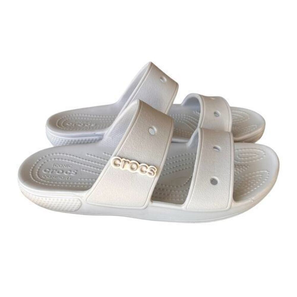CROCS iconic comfort light gray waterproof slides logo men’s sz 8 women’s sz10